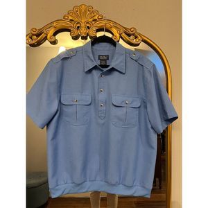 JOHN BLAIR Shirt Mens L 80's Banded Hem Woven Grandpa Short Sleeve Off White VTG